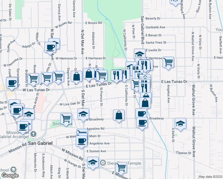 map of restaurants, bars, coffee shops, grocery stores, and more near 330 East Las Tunas Drive in San Gabriel