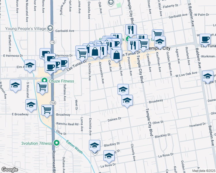map of restaurants, bars, coffee shops, grocery stores, and more near 9421 Live Oak Avenue in Temple City