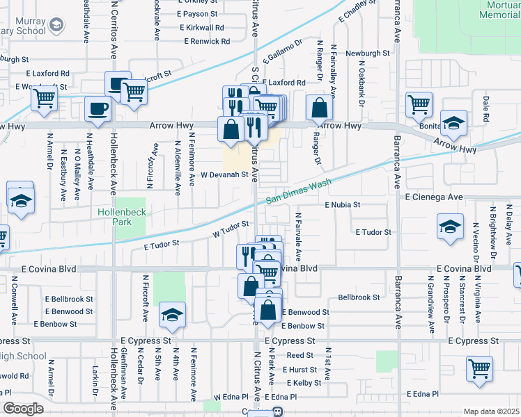 map of restaurants, bars, coffee shops, grocery stores, and more near 1244 North Citrus Avenue in Covina