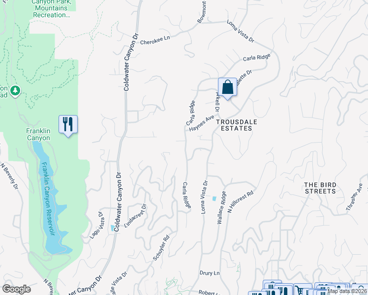 map of restaurants, bars, coffee shops, grocery stores, and more near 1555 Carla Ridge in Beverly Hills