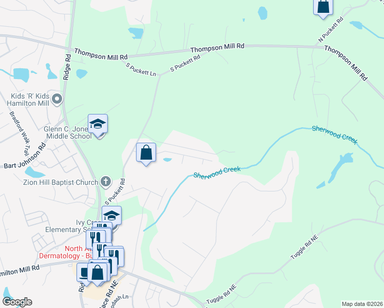 map of restaurants, bars, coffee shops, grocery stores, and more near 3397 Hill Pond Drive Northeast in Buford