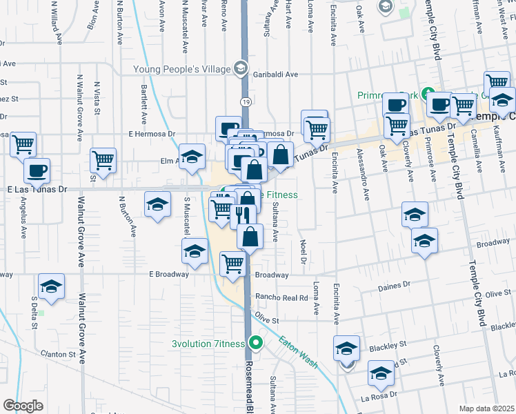 map of restaurants, bars, coffee shops, grocery stores, and more near 5642 Rosemead Boulevard in Temple City