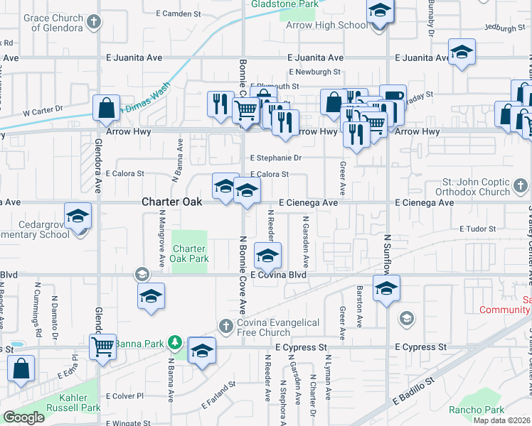 map of restaurants, bars, coffee shops, grocery stores, and more near 1261 North Reeder Avenue in Covina