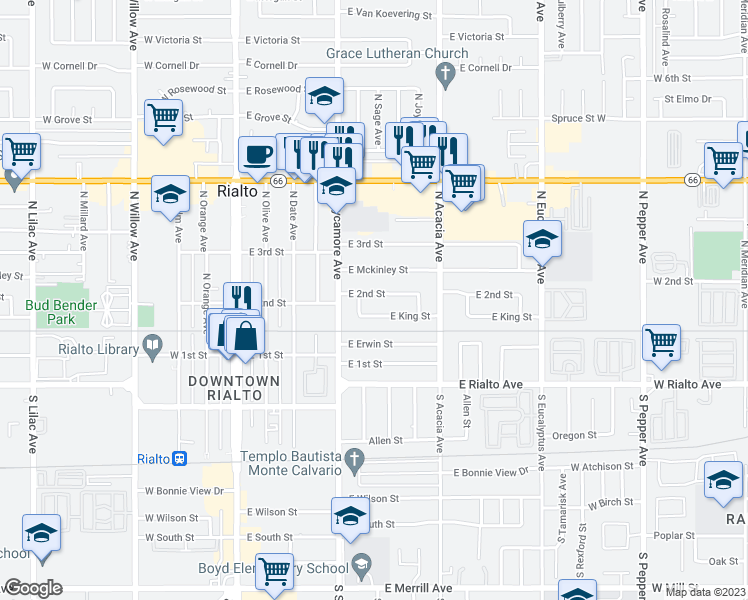 map of restaurants, bars, coffee shops, grocery stores, and more near 363 East 2nd Street in Rialto