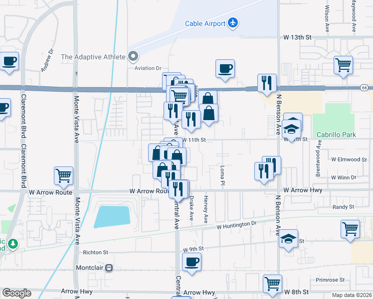 map of restaurants, bars, coffee shops, grocery stores, and more near 746 Farrier Way in Upland