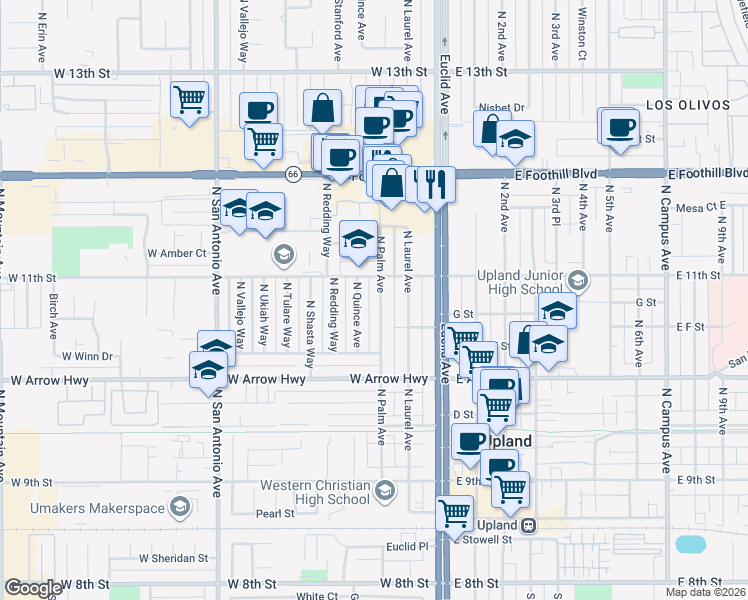 map of restaurants, bars, coffee shops, grocery stores, and more near 733 North Palm Avenue in Upland