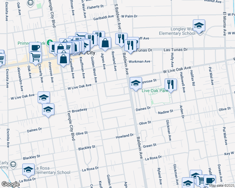 map of restaurants, bars, coffee shops, grocery stores, and more near 9947 Bogue Street in Temple City