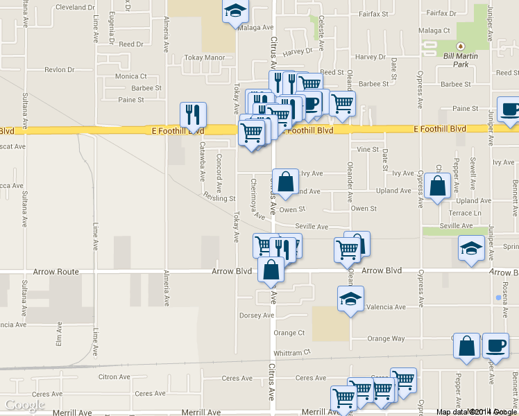 map of restaurants, bars, coffee shops, grocery stores, and more near 8325 Cherimoya Ave in Fontana