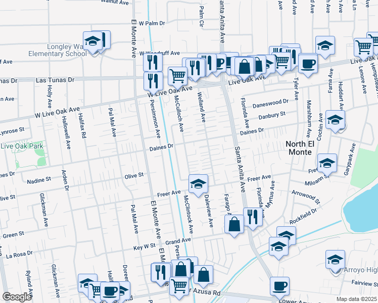 map of restaurants, bars, coffee shops, grocery stores, and more near 5438 McCulloch Avenue in Temple City