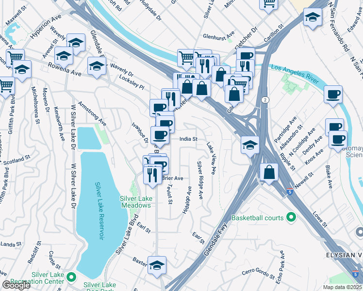 map of restaurants, bars, coffee shops, grocery stores, and more near 2239 Electric Street in Los Angeles
