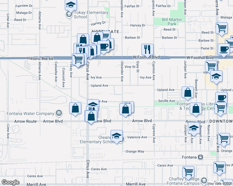 map of restaurants, bars, coffee shops, grocery stores, and more near 16260 Owen Street in Fontana