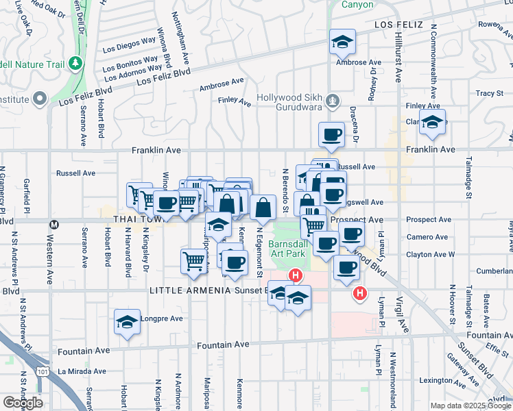 map of restaurants, bars, coffee shops, grocery stores, and more near 1725 North Edgemont Street in Los Angeles