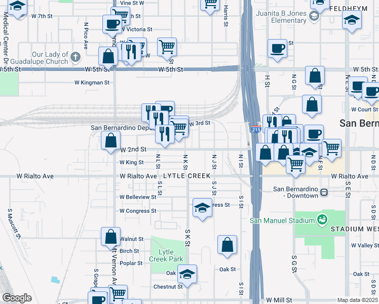 map of restaurants, bars, coffee shops, grocery stores, and more near 1095 West 2nd Street in San Bernardino