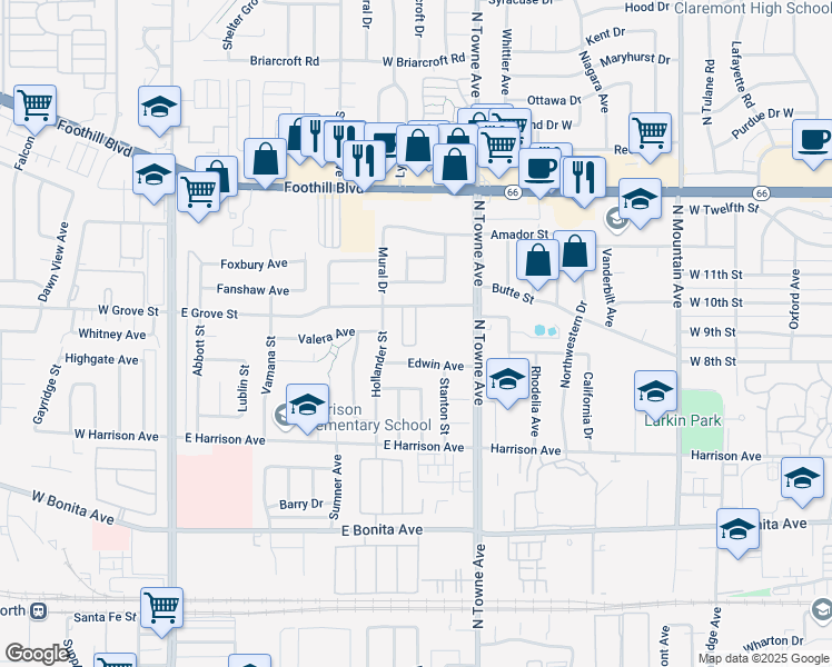 map of restaurants, bars, coffee shops, grocery stores, and more near 3069 Carrizo Drive in Pomona
