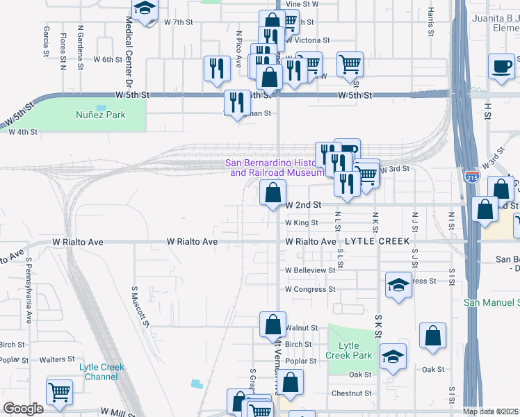 map of restaurants, bars, coffee shops, grocery stores, and more near 1341 West 2nd Street in San Bernardino