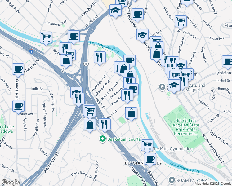 map of restaurants, bars, coffee shops, grocery stores, and more near 2816 Denby Avenue in Los Angeles