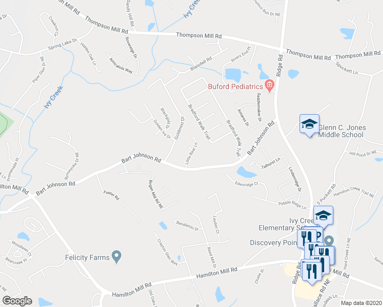 map of restaurants, bars, coffee shops, grocery stores, and more near Little Bear Lane in Buford