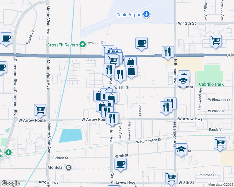 map of restaurants, bars, coffee shops, grocery stores, and more near in Upland