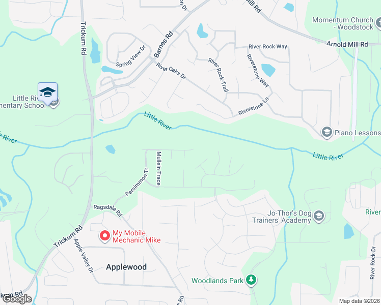 map of restaurants, bars, coffee shops, grocery stores, and more near 338 Burdock Trace in Woodstock