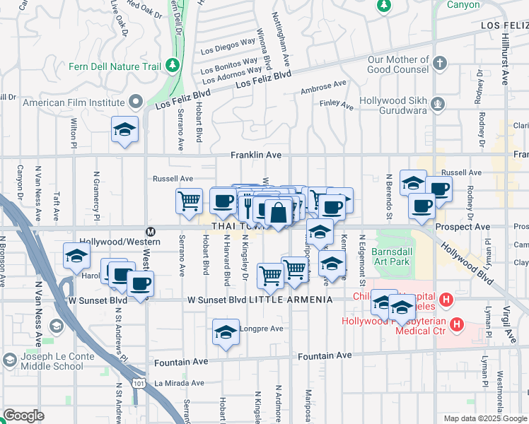 map of restaurants, bars, coffee shops, grocery stores, and more near 1723 Winona Boulevard in Los Angeles