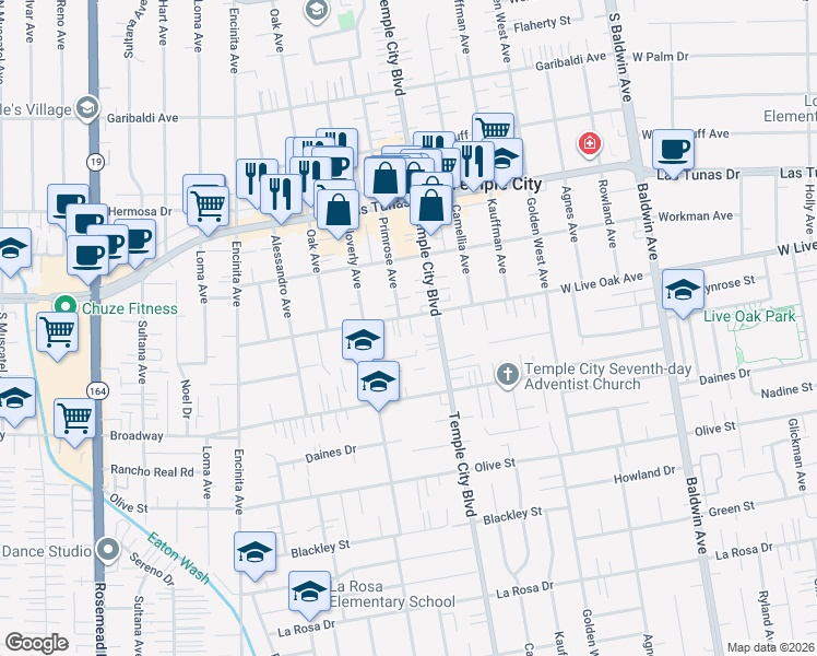 map of restaurants, bars, coffee shops, grocery stores, and more near 2 East Live Oak Avenue in Arcadia