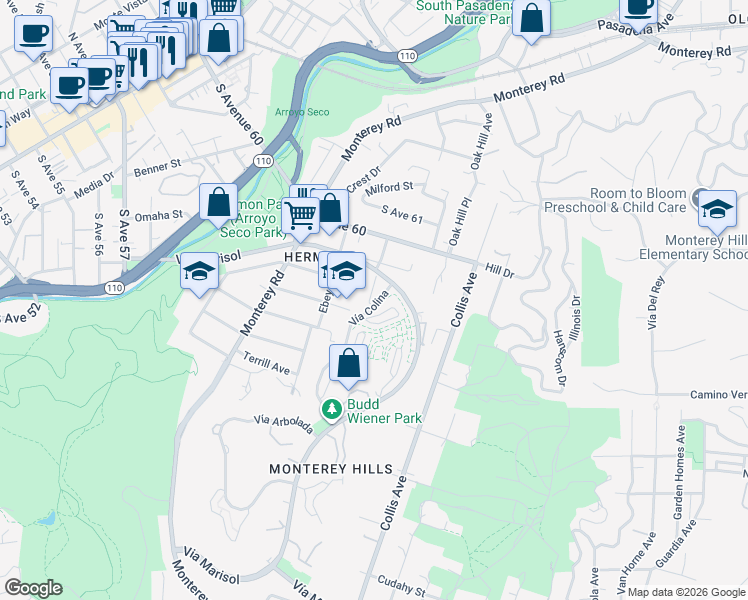 map of restaurants, bars, coffee shops, grocery stores, and more near 5736 Lomitas Drive in Los Angeles