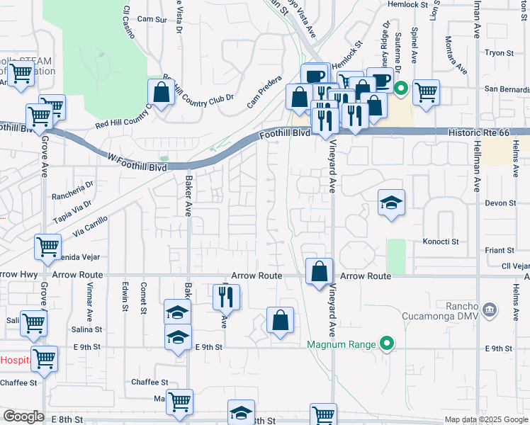 map of restaurants, bars, coffee shops, grocery stores, and more near 8330 Highridge Place in Rancho Cucamonga