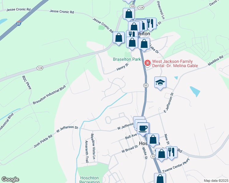 map of restaurants, bars, coffee shops, grocery stores, and more near 1022 Blind Brook Circle in Hoschton