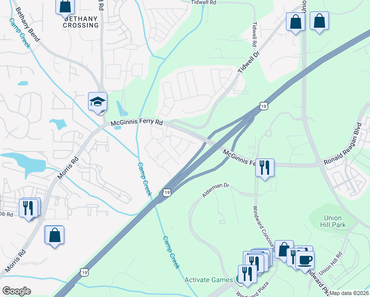 map of restaurants, bars, coffee shops, grocery stores, and more near 13256 Warrensville Cove in Alpharetta
