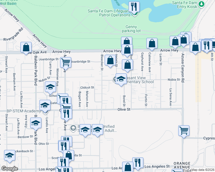 map of restaurants, bars, coffee shops, grocery stores, and more near 4944 Bleecker Street in Baldwin Park