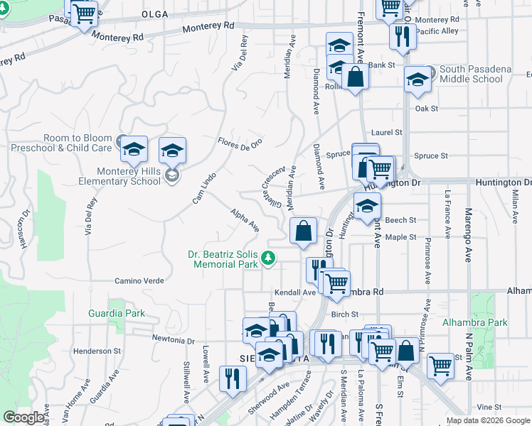 map of restaurants, bars, coffee shops, grocery stores, and more near 842 Oneonta Drive in South Pasadena