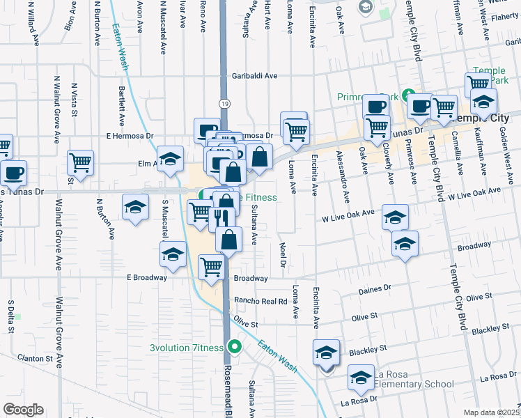 map of restaurants, bars, coffee shops, grocery stores, and more near 5656 Sultana Avenue in Temple City