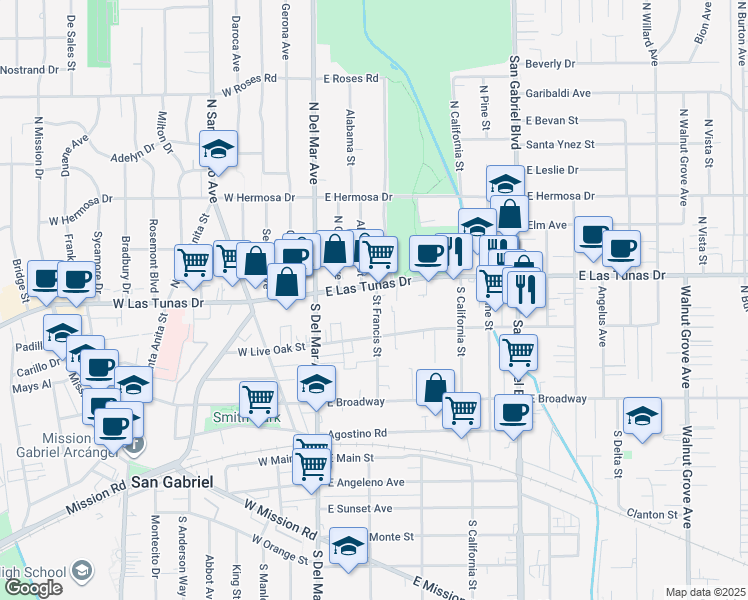 map of restaurants, bars, coffee shops, grocery stores, and more near 137 Saint Francis Street in San Gabriel