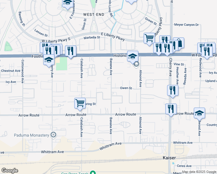 map of restaurants, bars, coffee shops, grocery stores, and more near 14088 Clover Court in Fontana