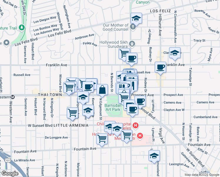 map of restaurants, bars, coffee shops, grocery stores, and more near 1725 North Berendo Street in Los Angeles