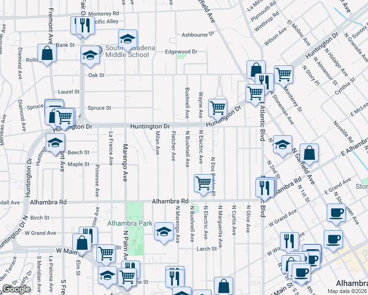 map of restaurants, bars, coffee shops, grocery stores, and more near 907 North Bushnell Avenue in Alhambra