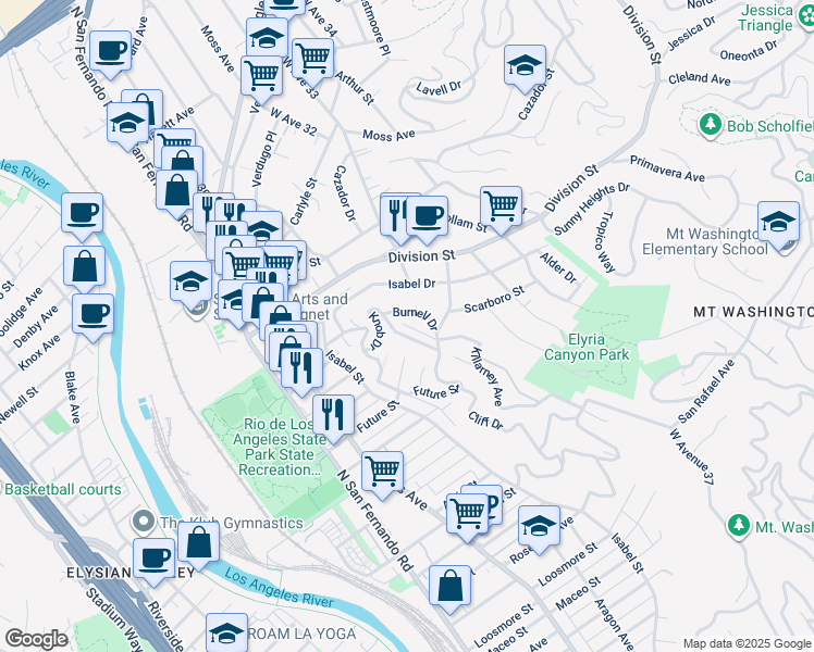 map of restaurants, bars, coffee shops, grocery stores, and more near Future Street in Los Angeles