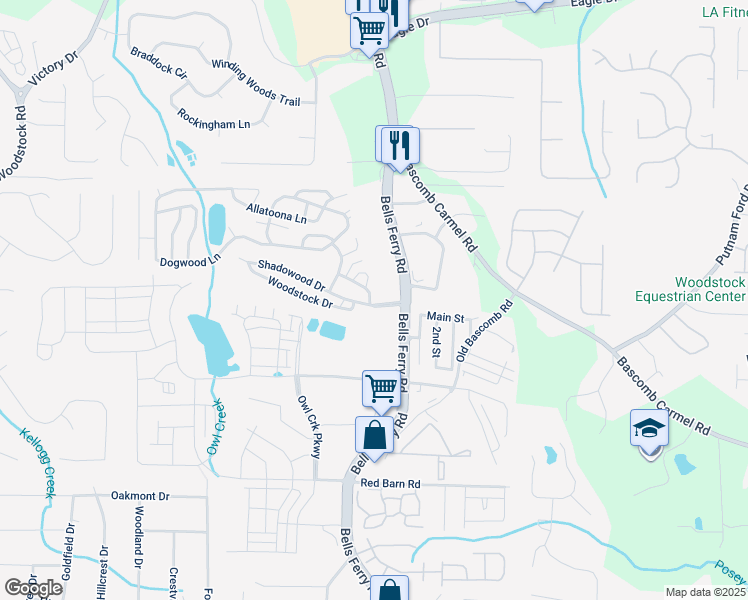 map of restaurants, bars, coffee shops, grocery stores, and more near 99 Tate Lane in Acworth