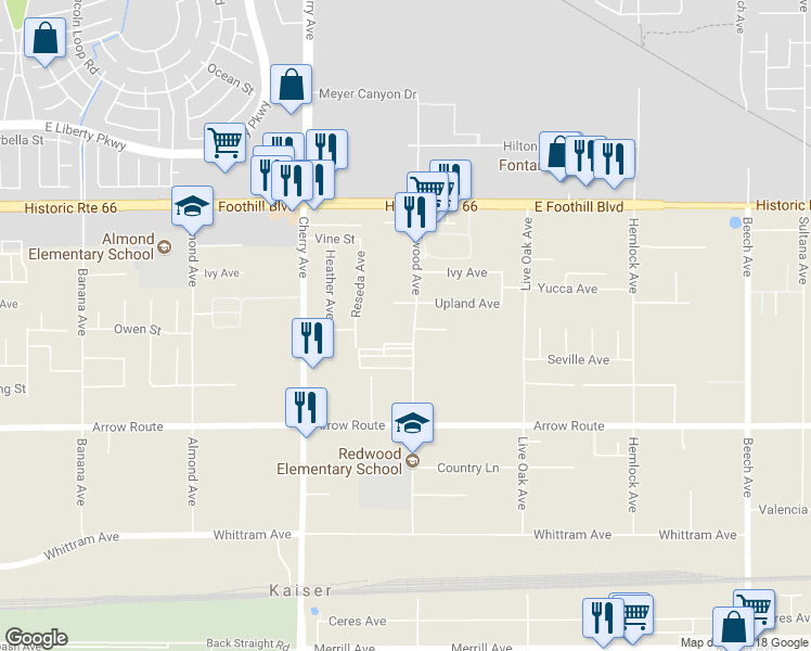 map of restaurants, bars, coffee shops, grocery stores, and more near 8322 Redwood Avenue in Fontana