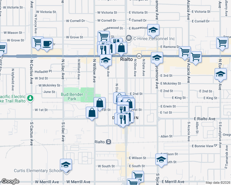 map of restaurants, bars, coffee shops, grocery stores, and more near 200 North Orange Avenue in Rialto