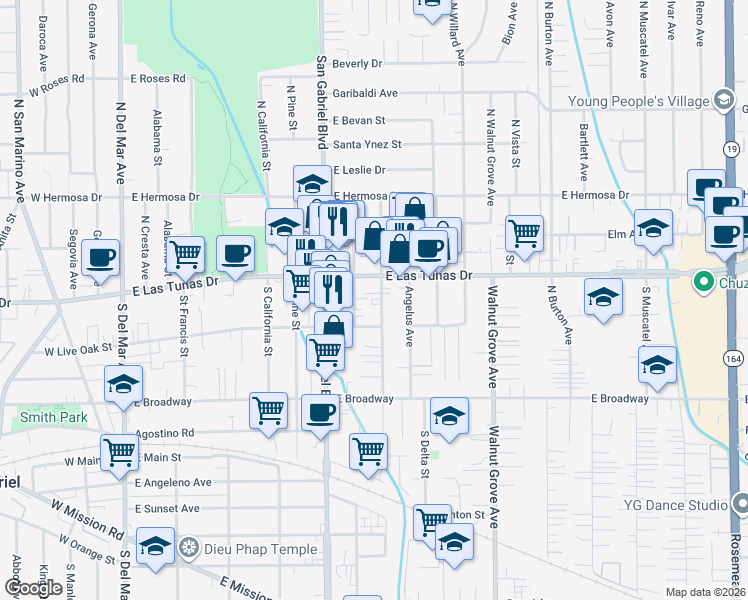 map of restaurants, bars, coffee shops, grocery stores, and more near 5633 North Charlotte Avenue in San Gabriel