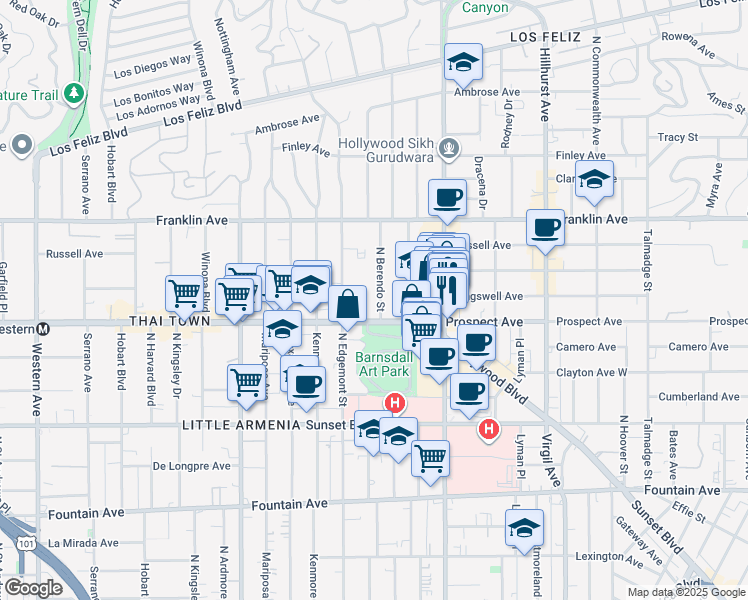 map of restaurants, bars, coffee shops, grocery stores, and more near 1725 North Berendo Street in Los Angeles