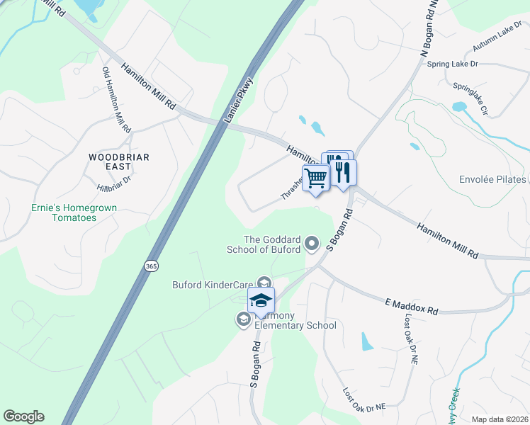 map of restaurants, bars, coffee shops, grocery stores, and more near 2446 Thrasher Road in Buford