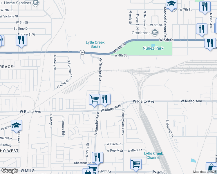 map of restaurants, bars, coffee shops, grocery stores, and more near 191 North Rancho Avenue in San Bernardino