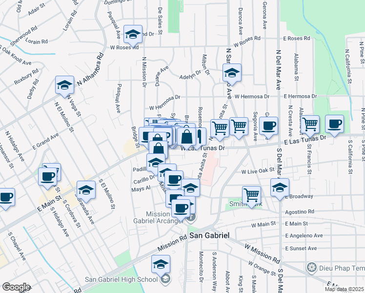 map of restaurants, bars, coffee shops, grocery stores, and more near 559 West Las Tunas Drive in San Gabriel