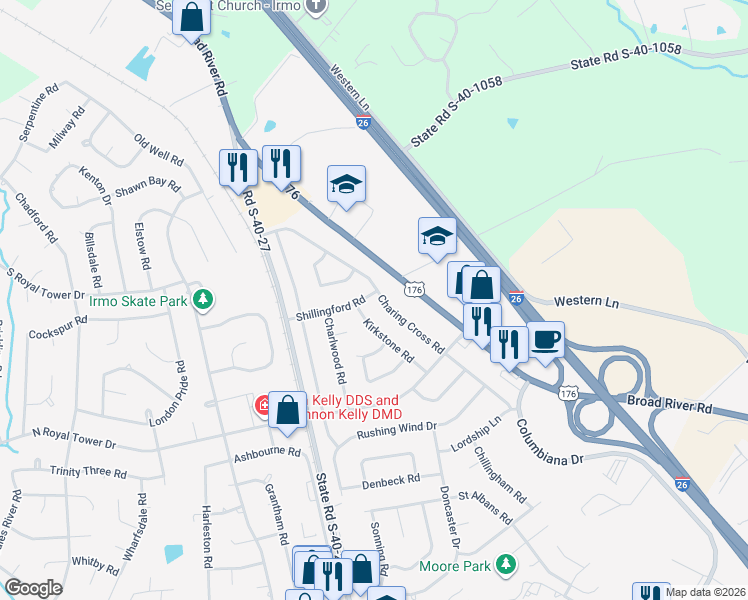 map of restaurants, bars, coffee shops, grocery stores, and more near 406 Charing Cross Road in Irmo