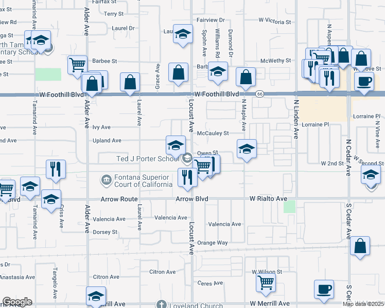 map of restaurants, bars, coffee shops, grocery stores, and more near 8330 Locust Avenue in Fontana