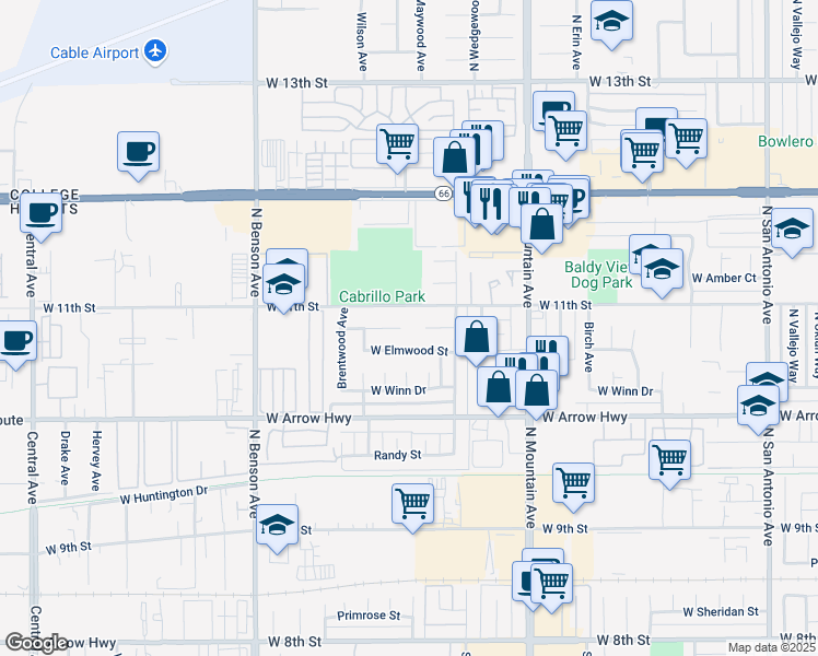 map of restaurants, bars, coffee shops, grocery stores, and more near 1383 Norwood Court in Upland