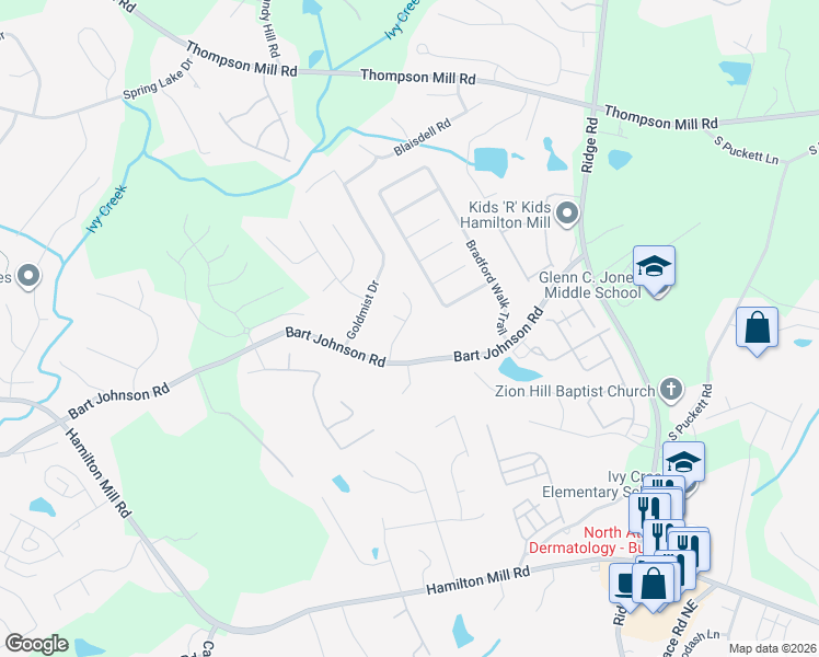 map of restaurants, bars, coffee shops, grocery stores, and more near 3153 Little Bear Lane in Buford