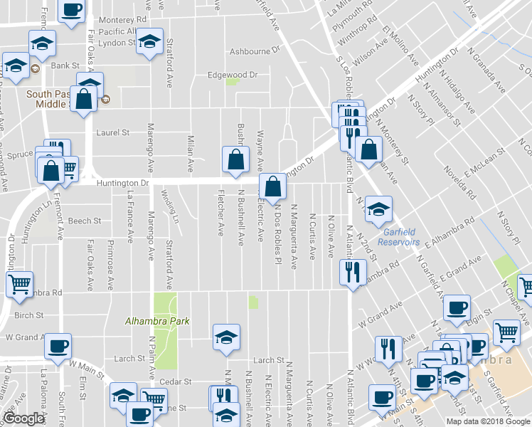 map of restaurants, bars, coffee shops, grocery stores, and more near 906 North Electric Avenue in Alhambra